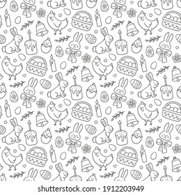 Cute Easter doodle seamless pattern with bunny, basket, easter eggs, cakes, chicken, willow twigs and candles. Vector hand drawn illustration on white background