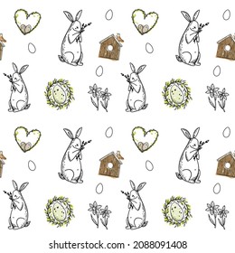 Cute Easter doodle seamless pattern with bunny, basket, easter eggs, and candles. Vector hand drawn illustration on white background in minimalistic style.