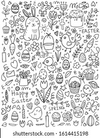 Cute Easter doodle set: bunnies, baskets, easter eggs, cupcakes, cakes, chickens, chicken, crosses, carrots, leaves, flowers, butterflies and candles