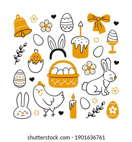 Cute Easter doodle set - bunny, basket, easter eggs, cakes, chicken, willow twigs and candles. Vector drawings illustration isolated on white background