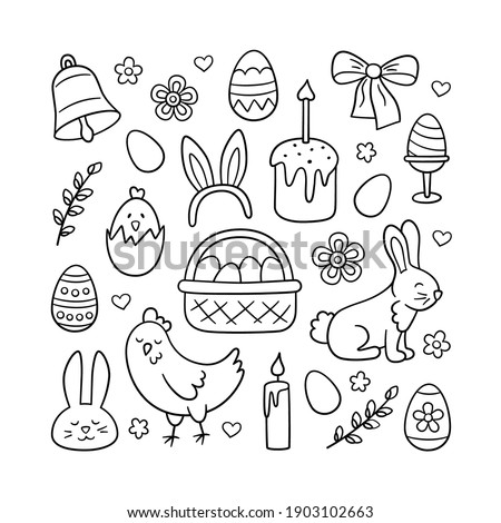 Cute Easter doodle set - bunny, basket, easter eggs, cakes, chicken, willow twigs and candles. Vector drawings illustration isolated on white background