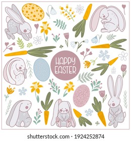 Cute Easter doodle sketch set: bunnies, rabbits, easter eggs, flowers. Happy Easter collection in vector. Design elements in cartoon style. Perfect for holiday decoration and spring greeting cards. 