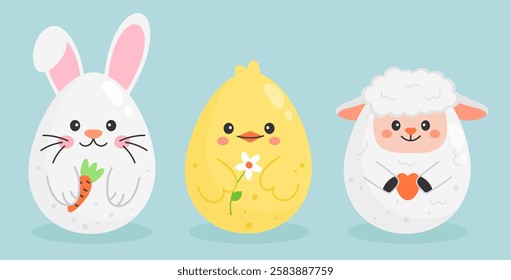 Cute easter egg animals. Bunny, chick and sheep. Holiday characters. Vector illustration isolated