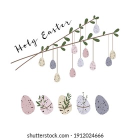 Cute Easter egg with branch and leaves. Rustic eco decoration. Vector flat cartoon illustration. Perfect for poster, print, card, invitation, greeting, tag