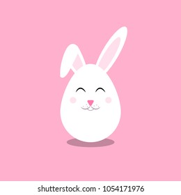 Cute Easter egg with bunny ears and smiling face. Happy Easter celebration greeting card. Rabbit ears on a funny egg flat vector illustration. Seasonal spring holidays. Adorable springtime symbol