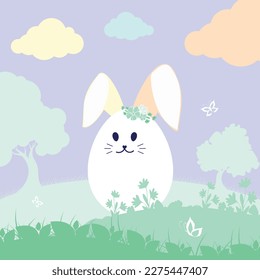 A cute Easter egg with bunny ears and a wreath in a spring meadow among flowers and butterflies, painted in a cartoon style. Vector illustration.