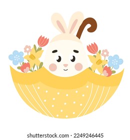 Cute Easter egg character with bunny ears in yellow umbrella with flowers, design element for spring themed invitations or gift cards in cartoon style