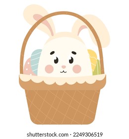 Cute Easter egg character with bunny ears in basket with easter eggs, design element for spring themed invitations or gift cards in cartoon style
