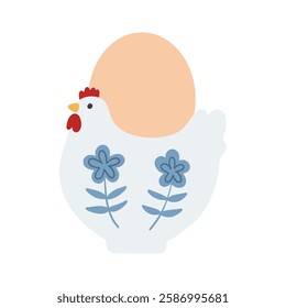 Cute Easter egg with chicken and flowers. Vector illustration in flat style.