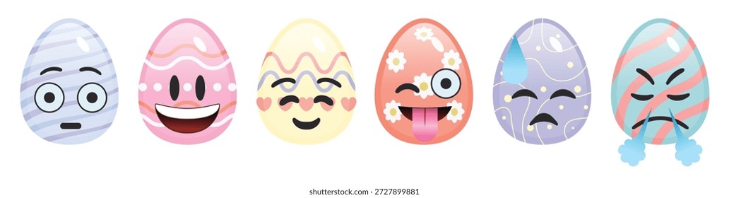 Cute Easter egg emoji collection with happy and funny facial expressions