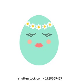 Cara de chica de huevo de Pascua con corona de flores de primavera. Ilustración vectorial.