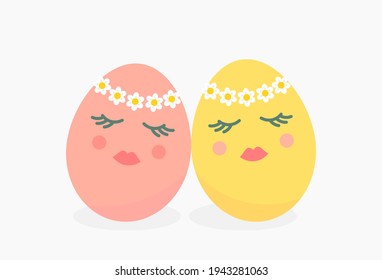 Cute Easter egg girlfriends with spring flower crown. Vector illustration.