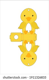 Cute easter egg holder duck  template. Retail paper box for the easter egg. Printable color scheme. Laser cutting vector template. Isolated packaging design illustration.