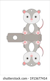 Cute easter egg holder opossum template. Retail paper box for the easter egg. Printable color scheme. Laser cutting vector template. Isolated packaging design illustration.