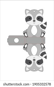 Cute easter egg holder raccoon template. Retail paper box for the easter egg. Printable color scheme. Laser cutting vector template. Isolated packaging design illustration.