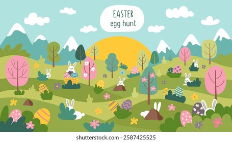 Cute Easter egg hunt banner with bunnies, eggs, trees and lawn. Easter concept background. Flat hand drawn vector illustration.