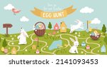 Cute Easter Egg hunt design for children, hand drawn with cute bunnies, eggs and decorations - great for party invitations, banners, wallpapers - vector 