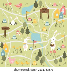 Cute Easter Egg hunt design, map for children, hand drawn with cute bunnies, eggs and decorations - great for invitations, banners, wallpapers - vector 