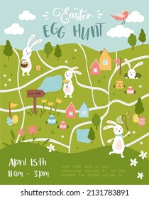 Cute Easter Egg hunt design, map for children, hand drawn with cute bunnies, eggs and decorations - great for invitations, banners, wallpapers - vector 