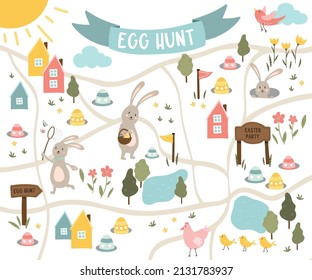 Diseño de cacería de huevos de Pascua, mapa para niños, dibujado a mano con lindos conejillos, huevos y decoraciones - ideal para invitaciones, pancartas, papeles de pared - vector 