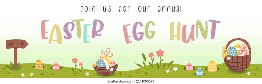 Cute Easter Egg hunt design for children, hand drawn with cute bunnies, eggs and decorations - great for party invitations, banners, wallpapers - vector 