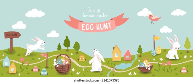 Diseño de caza de huevos de Pascua para niños, dibujado a mano con lindos conejillos, huevos y decoraciones - ideal para invitaciones a fiestas, pancartas, papeles de pared - vector 