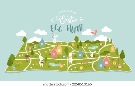 Cute Easter Egg hunt design, map for children, hand drawn with cute bunnies, eggs and decorations - great for invitations, banners, wallpapers - vector 