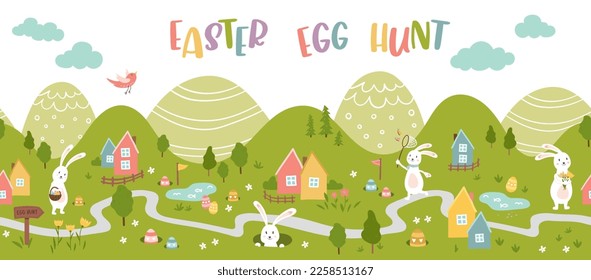 Cute Easter Egg hunt design, map for children, hand drawn with cute bunnies, eggs and decorations - great for invitations, banners, wallpapers - vector 