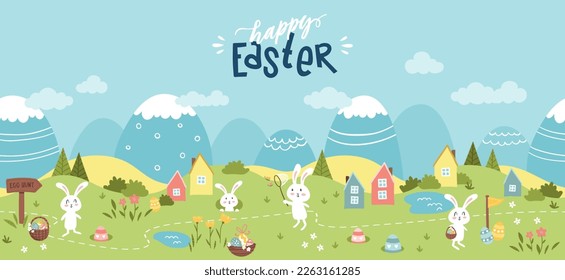 Diseño de cacería de huevos de Pascua, mapa para niños, dibujado a mano con lindos conejillos, huevos y decoraciones - ideal para invitaciones, pancartas, papeles de pared - vector 