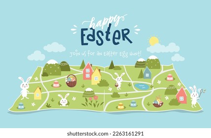 Cute Easter Egg hunt design, map for children, hand drawn with cute bunnies, eggs and decorations - great for invitations, banners, wallpapers - vector 