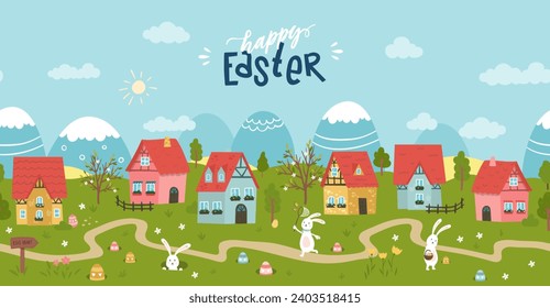 Cute Easter Egg hunt design for children, hand drawn with cute bunnies, eggs and decorations - great for party invitations, banners, wallpapers - vector 