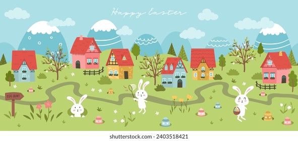 Cute Easter Egg hunt design for children, hand drawn with cute bunnies, eggs and decorations - great for party invitations, banners, wallpapers - vector 