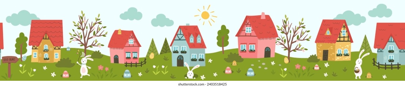 Cute Easter Egg hunt design for children, hand drawn with cute bunnies, eggs and decorations - great for party invitations, banners, wallpapers - vector 