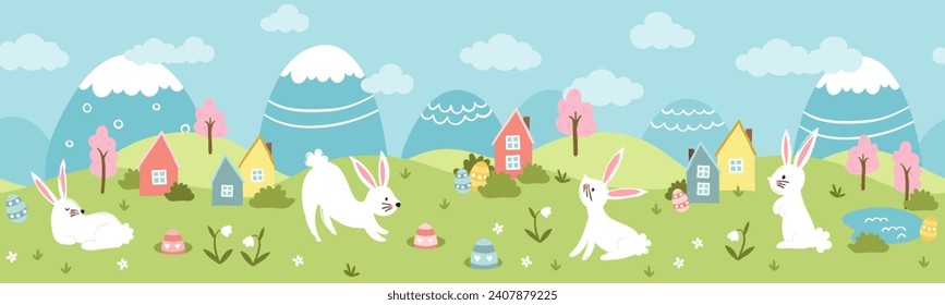 Cute Easter Egg hunt design for children, hand drawn with cute bunnies, eggs and decorations - great for party invitations, banners, wallpapers - vector 