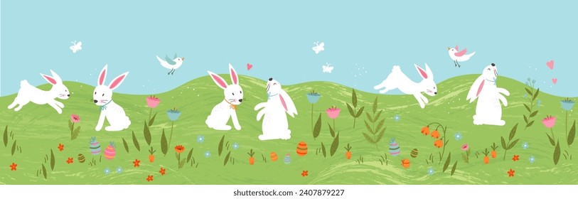 Cute Easter Egg hunt design for children, hand drawn with cute bunnies, eggs and decorations - great for party invitations, banners, wallpapers - vector 