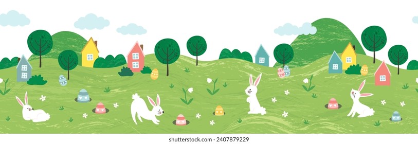 Cute Easter Egg hunt design for children, hand drawn with cute bunnies, eggs and decorations - great for party invitations, banners, wallpapers - vector 