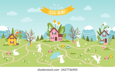 Cute Easter Egg hunt design for children, hand drawn with cute bunnies, eggs and decorations - great for party invitations, banners, wallpapers - vector 