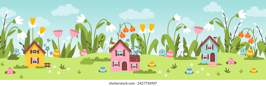 Cute Easter Egg hunt design for children, hand drawn with cute bunnies, eggs and decorations - great for party invitations, banners, wallpapers - vector 
