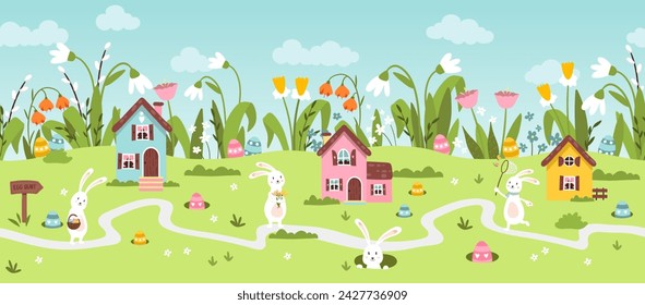 Cute Easter Egg hunt design for children, hand drawn with cute bunnies, eggs and decorations - great for party invitations, banners, wallpapers - vector 