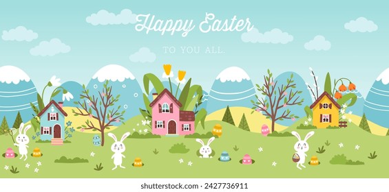 Lindo diseño de la caza del huevo de Pascua para los niños, dibujado a mano con conejos lindos, huevos y decoraciones - ideal para invitaciones de fiesta, banners, fondos de pantalla - vector 