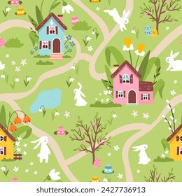 Cute Easter Egg hunt design for children, hand drawn with cute bunnies, eggs and decorations - great for party invitations, banners, wallpapers - vector 