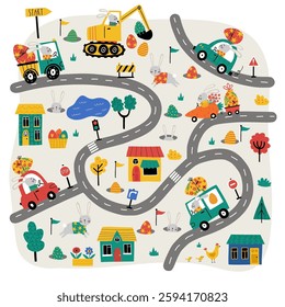 Cute Easter Egg hunt design. Cute little town map with bunnies driving cars, easter eggs, flowers,  houses, trees, roads. Vector design in child style for Easter holiday cards and invitations.