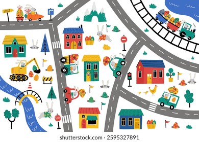 Cute Easter Egg hunt design. Cute little town map with bunnies driving cars, easter eggs, flowers, houses, trees, roads. Vector design in child style for Easter holiday cards and invitations.