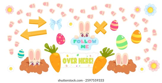 Cute Easter egg hunt design, flat illustration collection, Vector. Eggs in grass rabbit tracks, mink, carrots, waypoints for map and traces for finding eggs, twigs and grass for decorat