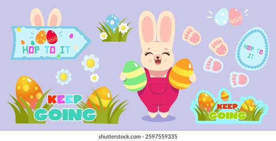 Cute Easter egg hunt design, flat illustration collection, Vector. Rabbit, eggs, rabbit tracks, mink, carrot, pointers, flowers. For banner design, games. Happy Easter holiday, children's stile