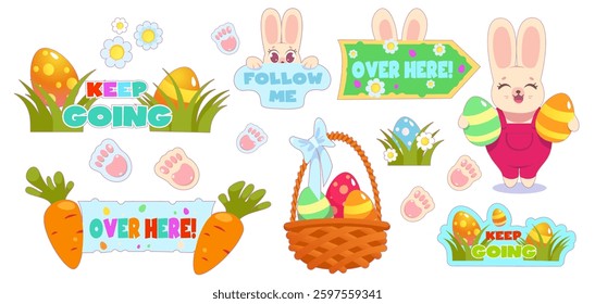 Cute Easter egg hunt design, flat illustration collection, Vector. Rabbit, eggs, rabbit tracks, mink, carrot, pointers and basket. For banner design, games. Happy Easter holiday, children's stile