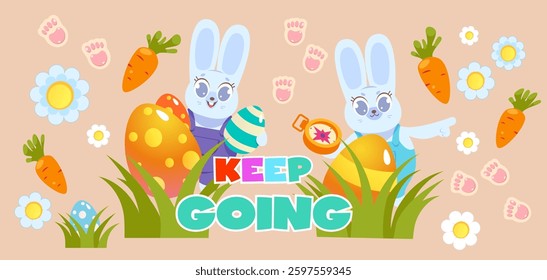 Cute Easter egg hunt design, flat illustration collection, Vector. Rabbit, eggs, rabbit tracks, mink, carrot, pointers. For banner design, games. Happy Easter holiday, children's stile