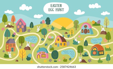 Cute Easter egg hunt map background with houses, bunnies, eggs, trees, mountains and lawn. Easter concept banner. Flat hand drawn vector illustration.