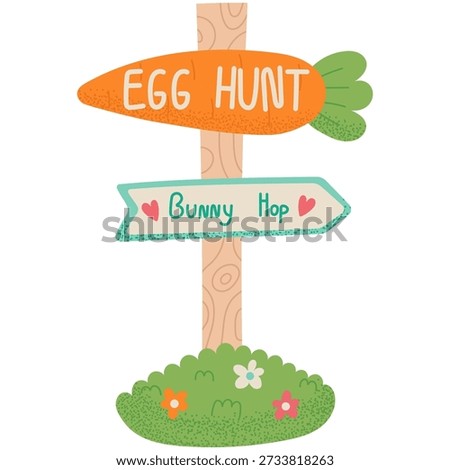 Cute Easter egg hunt signpost with bunny hop arrows in flat cartoon style. Fun spring illustration for kids activities, holiday games, posters, invitations and decorations.
