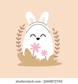 Cute Easter egg with a smile and bunny ears, hidden in grass and flowers. Easter illustration in warm colors.